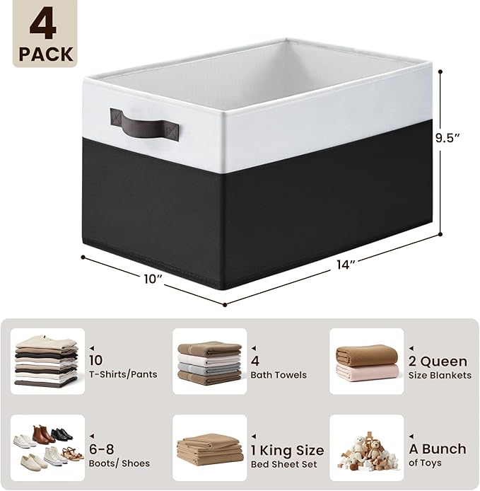 Large Storage Bins for Shelves 4 Pack, Closet Storage Baskets for Clothes Blanket Beddings Towels, Collapsible Fabric Closet Organizer Bins with Handles/ Laundry Room Organization