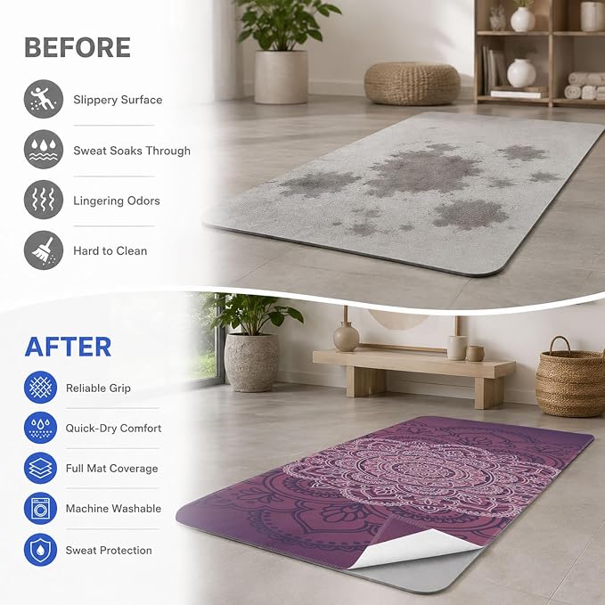 Yoga Mat Towel, Hot Yoga Non Slip with 4 Corner Pockets, 70 x 26 in | Soft Absorbent Microfiber With Four Corner Pockets, Fits Over Yoga Mats For Hot Yoga, Pilates, Gym, And Travel
