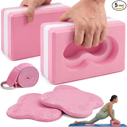 Yoga Blocks 2 Pack for Wrist Relief Yoga Blocks Wrist Support Set with Knee Pads and Strap Improve Comfort and Grip, Nonslip EVA Foam Pilates Exercise Balance Stretching Accessories Meditation