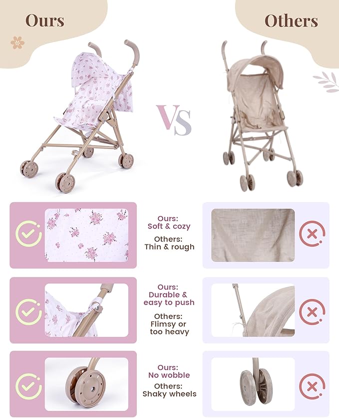 BABESIDE Baby Doll Stroller, Easy-to-Assemble Stroller for 3+ Girls, Includes 5-Piece Baby Doll Playset with Accessories for 12-15 Inch Dolls