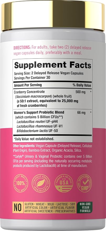 Carlyle Urinary and Vaginal Probiotic for Women | 60 Capsules | with Cranberry for Healthy Urinary Tract, Vaginal pH, Yeast Balance, Vaginal Flora | Vegan, Non-GMO and Gluten Free | For Her