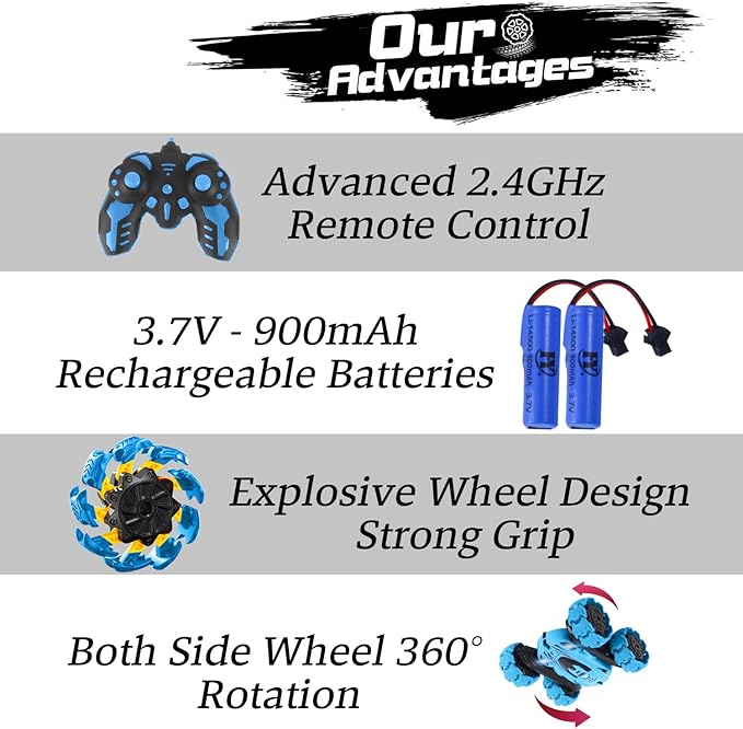 Remote Control Car, New Upgraded Double-Sided 360° Rotating RC Toy Cars with LED Headlights, 2.4GHz Rechargeable Electric Race Stunt Car with 4WD, Best Gift for 6-12 Year Old Boys and Girls (Blue)