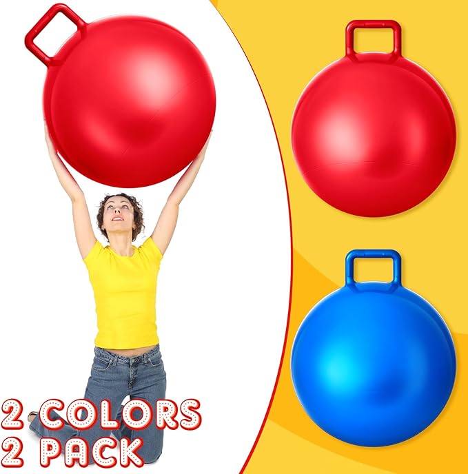 Lewtemi 2 Pcs 29 Inch Big Bouncing Ball with Handle Jumping Hopper Bouncy Ball for Adults Exercise and Air Pump for Outdoor Sports Game(Red, Blue)