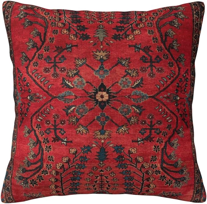 Red Persian Carpet Vintage Antique Nature Fine Pillow Covers Decorative 18x18 Inch Square Throw Pillowcase Couch Cushion Cover for Home Decor Living Room Bedroom College Dorm Bed Car Sofa