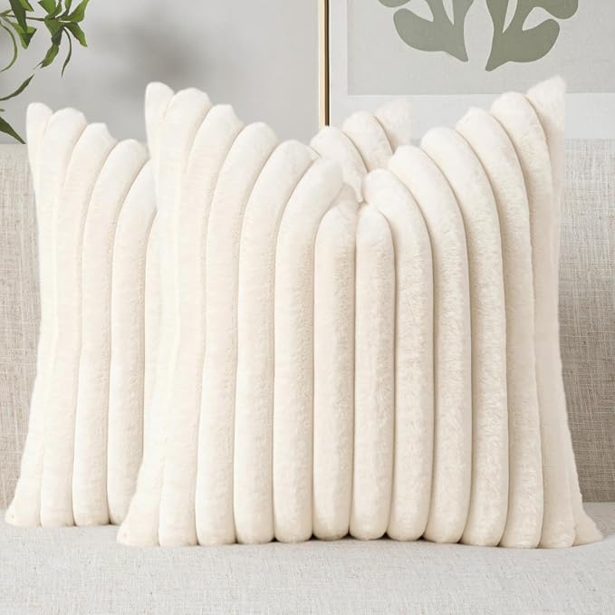 MIULEE Faux Fur Decorative Throw Pillow Covers 16x16 Set of 2 Beige | Cream White Modern Soft Plush Couch Pillows, Cozy Fluffy Cushion Covers for Sofa Bed Living Room Home Decor