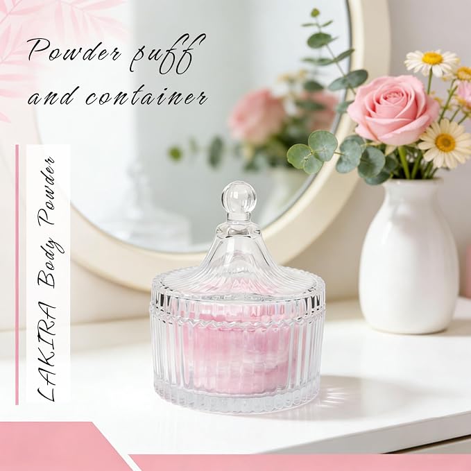 LAKIRA Large Body Powder Puff and Container, 2 Large Powder Puffs, Crystal Powder Container with 3.94" Puff for Baby Women, Dusting Powder Container with Puffs for Women, Bath, Home Use (4″ Pure C)