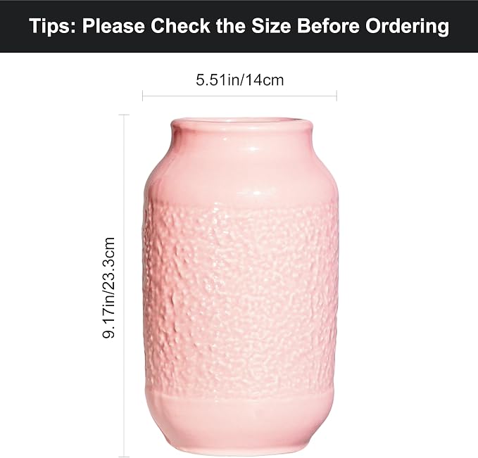 Pink Ceramic Vase, 9 Inch Cute Flower Vase for Pampas Grass, Modern Decorative Vases for Living Room, Minimalist Decor, Kitchen, Bedroom, Office, Bathroom, Wedding Decor