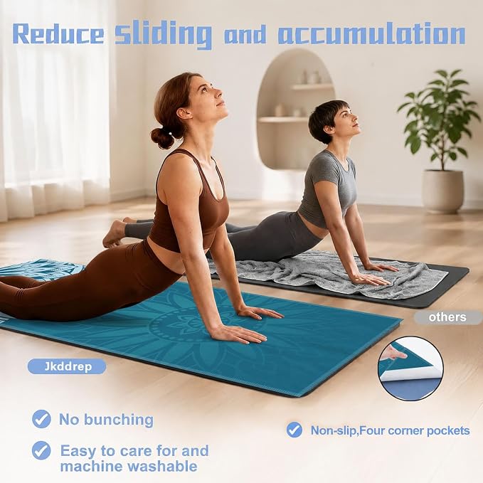 Yoga Mat Towel, Hot Yoga Non Slip with 4 Corner Pockets, 70 x 26 in | Soft Absorbent Microfiber With Four Corner Pockets, Fits Over Yoga Mats For Hot Yoga, Pilates, Gym, And Travel