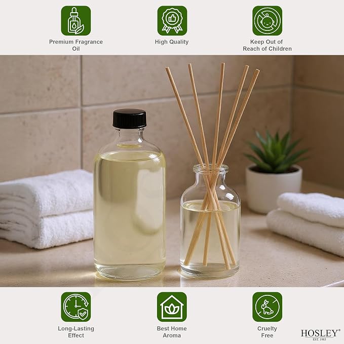 Hosley Set of 4 Vanilla Almond Reed Diffuser Refill Oil, 200ml Each - Ideal for Bathroom Decor, Enhance Home Decor, Perfect for Room Decor, Includes Oil Bottle and Reed Sticks
