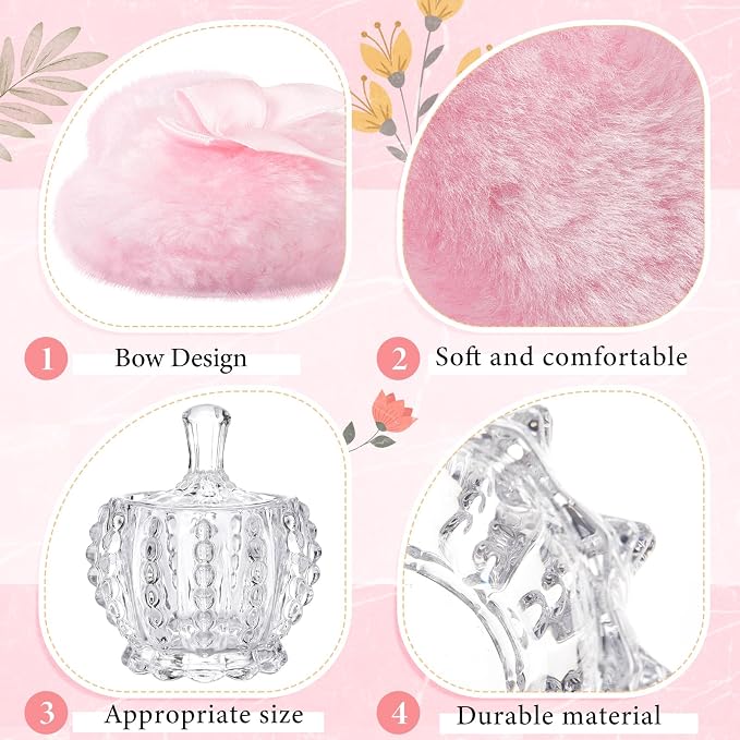 Tioncy 3 Pcs Large Body Powder Puff and Container Valentine's Day gift Powder Container with Puff Crystal Case Soft Washable Reusable Velour Face Body Glitter Wet Dry Makeup (Pearl,Clear)