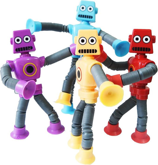 Bendable Robot Figures, Basket Stocking Stuffer Set of 4 Flexible Men, Telescopic Suction Cup Robot Toy, Telescopic Pop Tubes, Fidget Tubes Sensory Toys for Girls Boys