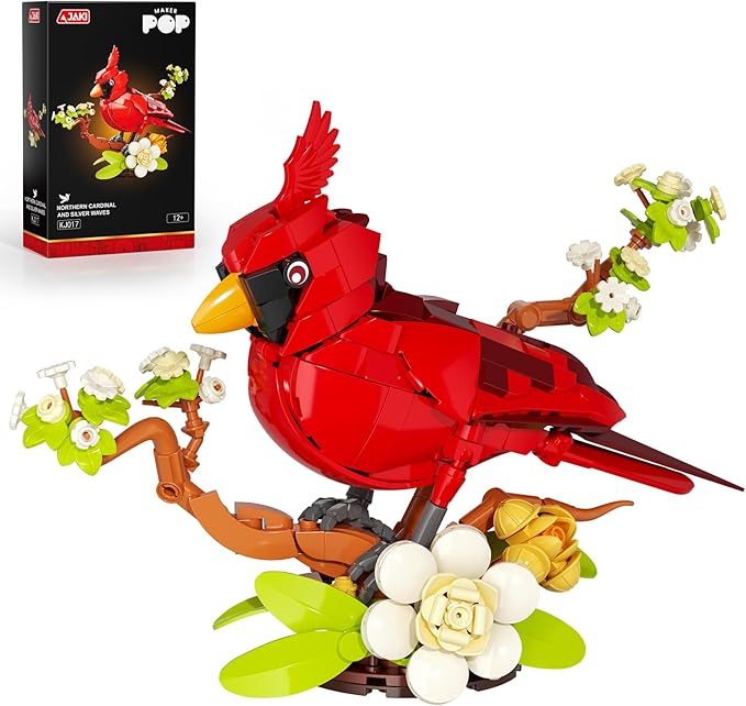 JAKI Northern Cardinal Building Set, Red Birds with Flower Camellia for Adults, Red Cardinal Model for Bird Lovers, Nature Décor Gifts for Display