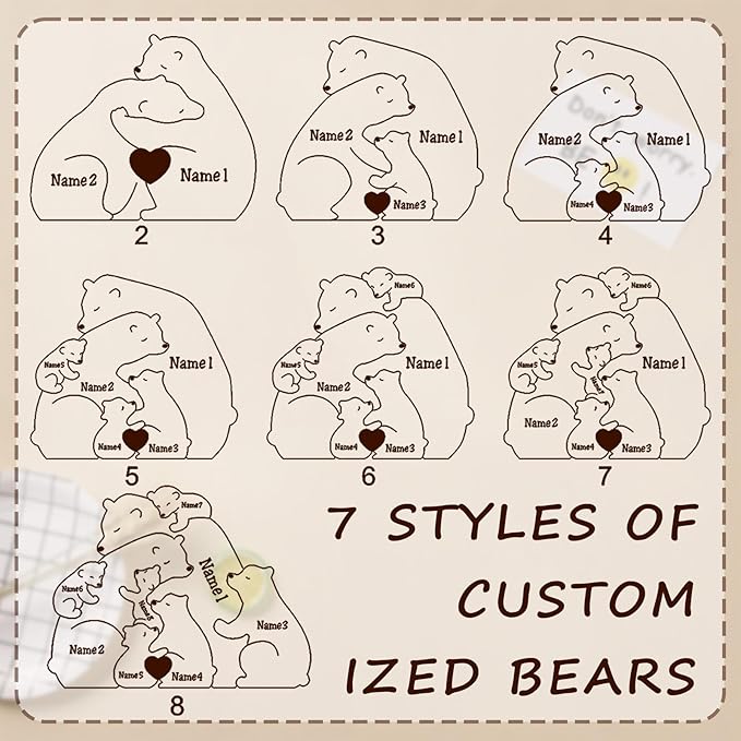 Personalized Wooden Bear Puzzle - Customizable with 2-8 Names, Home Decor Housewarming Gift Unique Wooden Animal Decoration