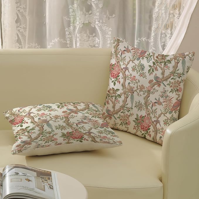 Chinoiserie Pillow Covers 20x20 Set of 2 Pink Green Bird Floral Throw Pillows Vintage Pink Flower Bird Decorative Pillow Cases Outdoor Chinoiserie Decor Farmhouse Cushion Case for Couch Sofa