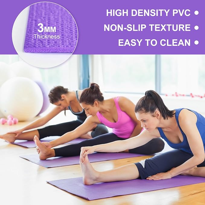 3 mm Thin Yoga Mats Bulk, Lightweight PVC Exercise Mats Non Slip Workout Fitness Pads for Yoga Pilates Stretching Classes Gym Home Studio, Easy to Clean