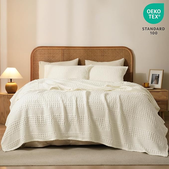 PHF 100% Cotton Waffle Weave Blanket King Size, Lightweight Breathable Summer Blanket for Hot Sleepers, Pre-Washed Soft Layer for Bed, Couch, Home Decor Gift, 108"x90", Cannoli Cream