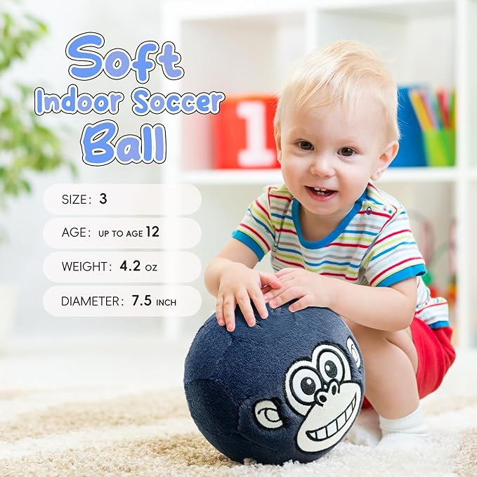 VangeBow Silent Indoor Soccer Balls for Toddlers 1-3, Inflatable Soft Plush Baby Toddler Soccer Ball Toys Gifts for 1 2 3 4 5 Year Old Boy Girl First Birthday Gift (Monkey, Pump Include)