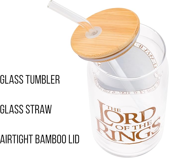 Silver Buffalo Lord of the Rings Hobbiton Glass Jar Tumbler with Bamboo Lid and Glass Straw, 16 Ounces