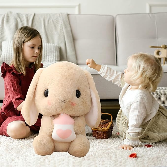 HOUPU Soft Toy - Sitting Lop Eared Rabbit, Easter White Rabbit Stuffed Bunny Animal with Carrot Soft Lovely Realistic Long-Eared Standing Pink Plush Toys (Brown-Milk Bottle,25.5in/65cm)