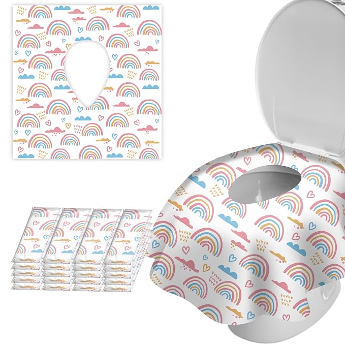 20 Pack Toilet Seat Covers Disposable for Bathroom, Extra Large XL Size Waterproof Covers for Toddler Potty Training, Individually Wrapped Portable for Adults Kids Travel Trip Airplane -Rainbow