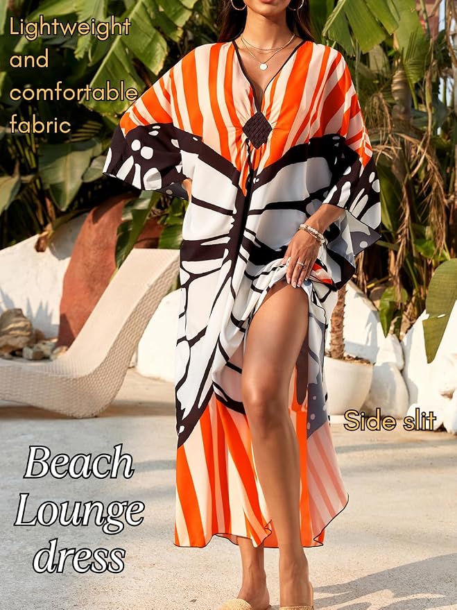 ChiaoLezhee Print Moo-Moos for Women, Kaftan Cover-Up Dresses, Sexy V-Neck High-Slit, Beach Pool-Party Coverups Muumuu Plus