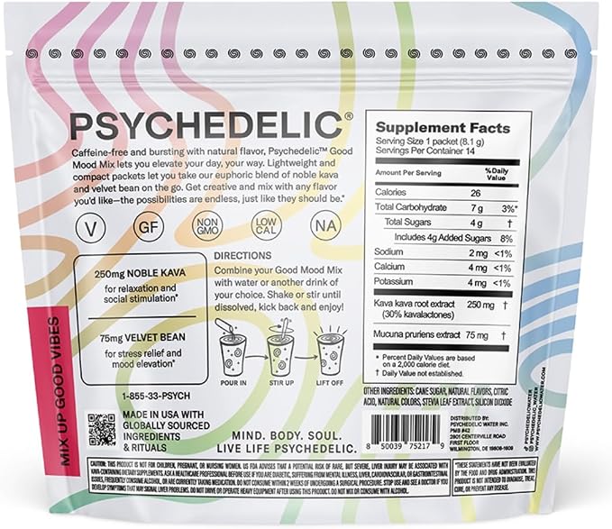 Psychedelic Water Good Mood Mix - Fruit Punch - Powder Packets - Calming Kava Drink Mix - Easy Open Single-Serving - Flavored Kava Powder - Mucuna Pruriens - Stevia - Adaptogen Drink Mix - 14 Stick