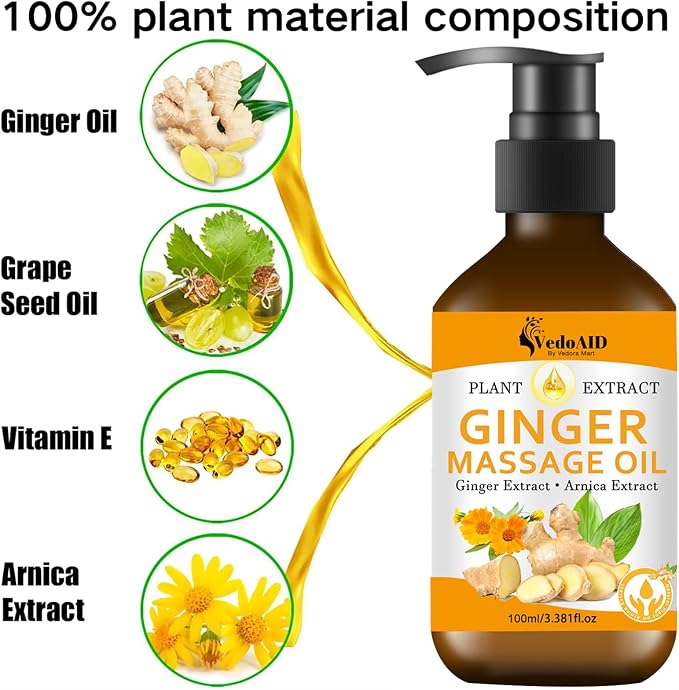 Ginger Massage Oil for Lymphatic Drainage, Sore Muscle Relief, and Massage Therapy, Ginger Oil with Arnica Extract & Vitamin E for Relax, Warm, and Soothing Body Massage, Perfect SPA Massage Oil (3pc)