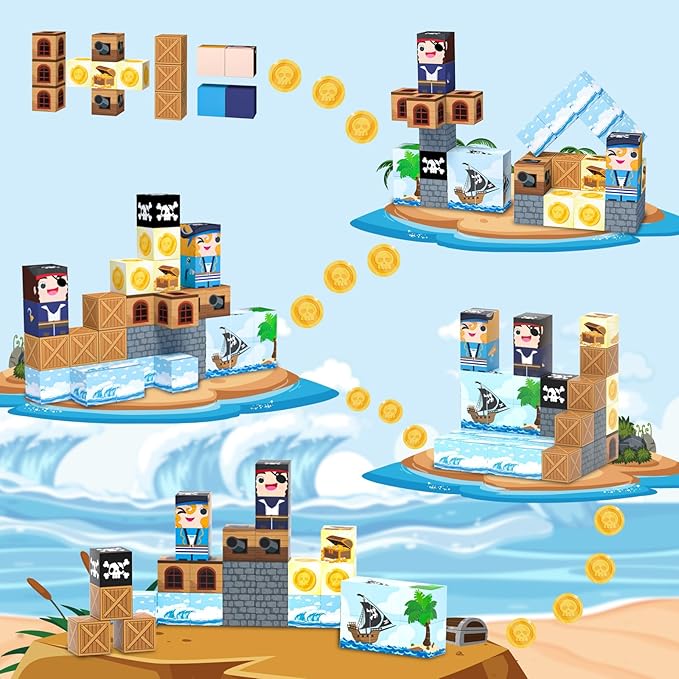 Bmag Magnetic Building Blocks Set - 35 PCS Pirate Ship, STEM Educational Magnet Toys for Kids Age 3+, Travel-Friendly with Storage Box