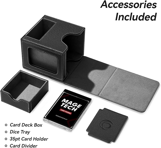 Mage Tech Card Deck Box for MTG Commander - Patented Design, Commander Display, Fits 100 Double-Sleeved Cards, 35pt Card Brick & Dice Tray - Black/Gray