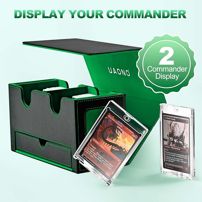 UAONO Card Deck Box for MTG, Double Card Storage Box with 2 Commander Display & 1 Dice Tray, Fits 200+ Double Sleeved Cards, Organizer for CCG TCG Sports Cards (Black Green)
