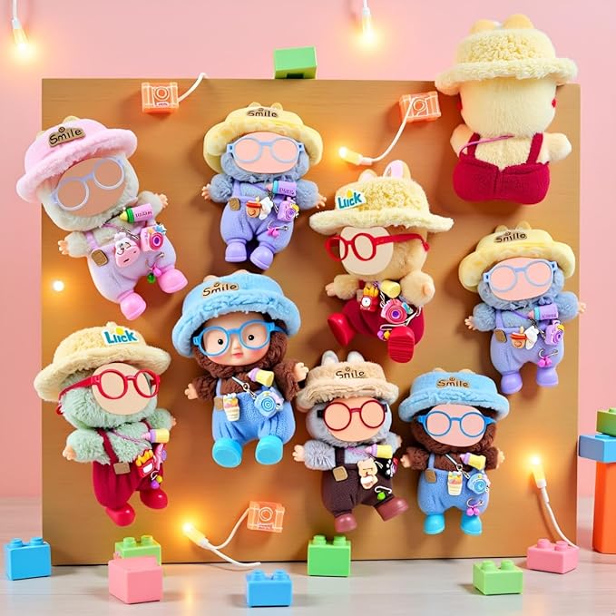 Doll Clothes Outfit and Accessories Suitable for 17cm Dolls, 5 Piece Set Romper Hat Camera Backpack Glasses Shoes (No Doll) Red