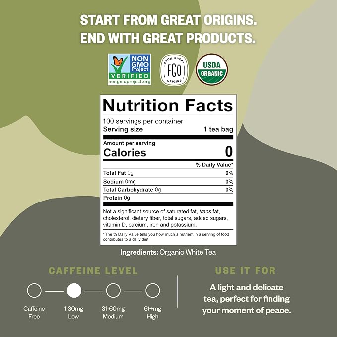 FGO Organic White Tea, 100 Count, Eco-Conscious Tea Bags, Resealable Bag, Packaging May Vary (Pack of 1)