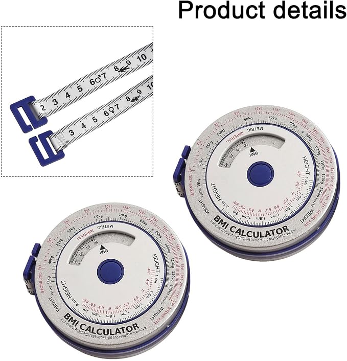 2-Pack BMI Body Mass Index Tape Measure, Retractable Calculator Ruler for Diet Weight Loss, Waist Hip Arm Thigh Body Measuring Tool, Easy Lock Button, 200cm/79in, Blue