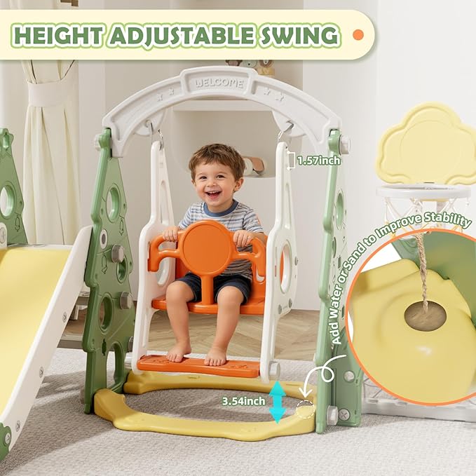 KORIMEFA 6-in-1 Kids Slide and Swing Set, Toddler Slide with Basketball Hoop, Swing, Outdoor Indoor Playground for Toddlers 1-3 Pine Shape Design(6 in1-Green)