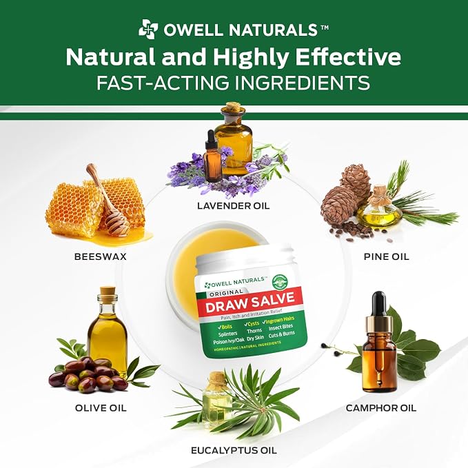 Owell Naturals Drawing Salve Ointment Fast Acting Formula for Skin, Splinters, Ingrown Hairs, Boils & Cyst, Bug Bites, bee Sting, Mosquito bite Itch, Poison Ivy (3 Pack)