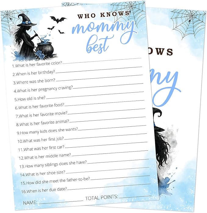 Hilarious Baby Shower Games, 25 Sets Halloween Who Knows Mommy Best, Blue Witch Gender Reveal Party Game Cards for Baby Announcement Supplies - B04