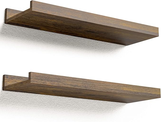 Boswillon Floating Shelves Set of 2, Small Wall Shelf with Lip, 16in, Brown | Display Ledge Shelf for Room Wall, Wall Decor Shelves for Bathroom, Living Room, Bedroom, Kitchen, Nursery Room, Rustic, Wood