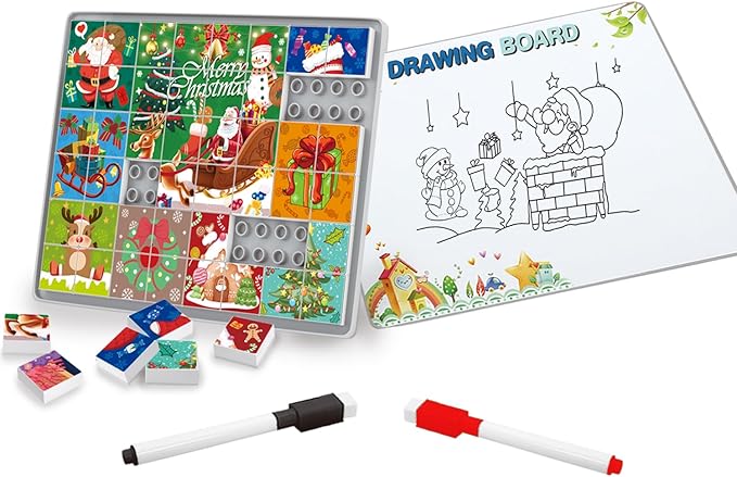 48 Piece Toy Building Jigsaw Puzzle Sets, 2 in 1 Christmas Theme Boys Girls Puzzles Building Block with Reusable Drawing Board Set for Toddlers Ages 1-3 and Kids 3+ Year Old