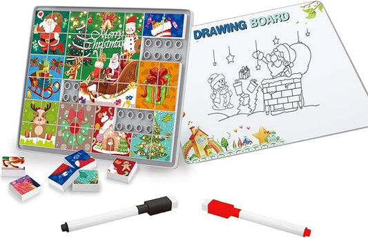 48 Piece Toy Building Jigsaw Puzzle Sets, 2 in 1 Christmas Theme Boys Girls Puzzles Building Block with Reusable Drawing Board Set for Toddlers Ages 1-3 and Kids 3+ Year Old