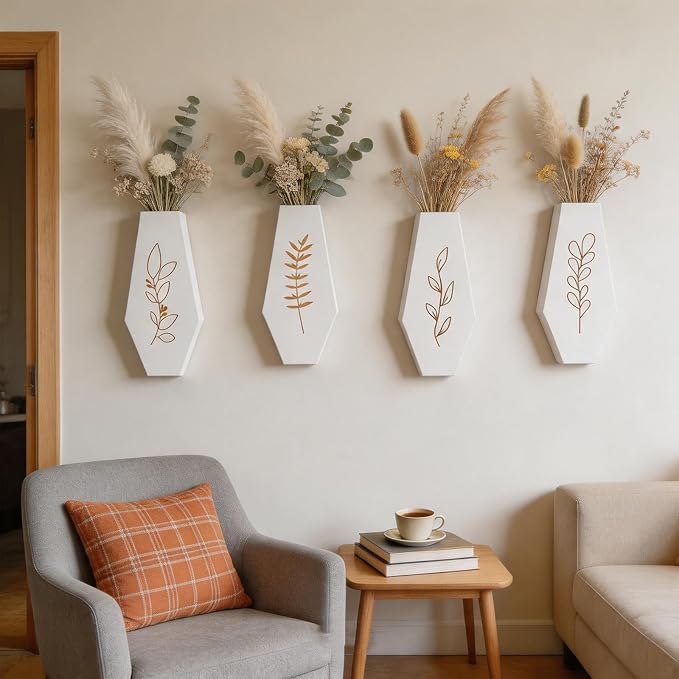 Wood Wall Vase 4 Pack, Modern Farmhouse & Boho Wall Decor Wooden Hanging Planter Set, Minimalist Wall Mounted Vase for Living Room, Entryway, Hallway, Bathroom, Dining Room(White)
