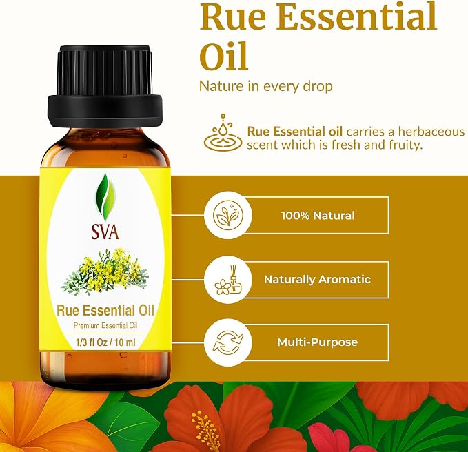 SVA Rue Essential Oil 1/3 Fl Oz – for Diffuser, Skin & Hair Care – Ideal for Massage & DIY Blends - with Dropper