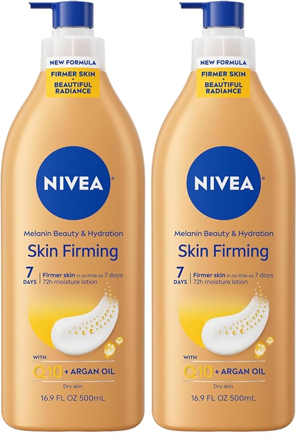 NIVEA Skin Firming Melanin Beauty & Hydration Body Lotion with Q10 and Argan Oil,Firmer Skin in as Little As Seven Days,16.9 Fl Oz Pump Bottle,(Pack of 2)