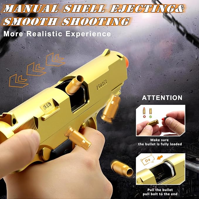 Gold Toy Pistol Guns Toys for 8 9 10 11 12 13+ Year Old Boys Kids, Sports & Outdoor Play Toys Gun with Soft Bullet & Shell Ejecting, Fidget Toy Guns for Boys 8-12, Kids Gifts for Birthday