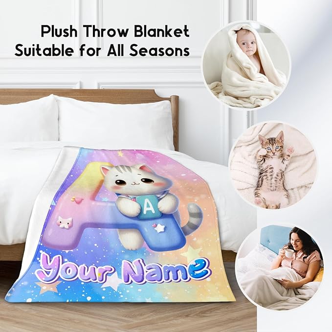 Custom Kids Blanket with Name, Cat Blankets Gifts for Girls Boys, Personalized Initial Throw for Daughter Son, 30"x40" Throws Monogram Gift for Couch, Office