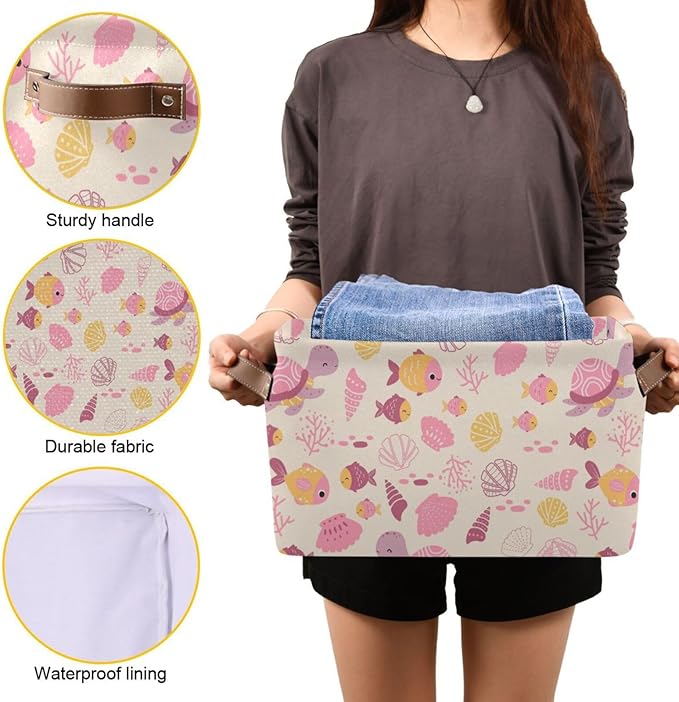 Aslsiy Storage Basket Ocean Life Turtle Nursery Bins Pink Fish Seashell Baby Box Canvas Clothes Shelf Basket Laundry Hamper 1 Pcs