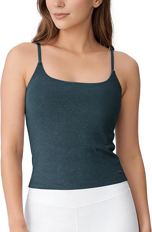 ODODOS Women's Performance Crop Cami Tank with Built-in Bra - Ultra Soft odSTRATUM Tech Spaghetti Straps Yoga Sports Bra