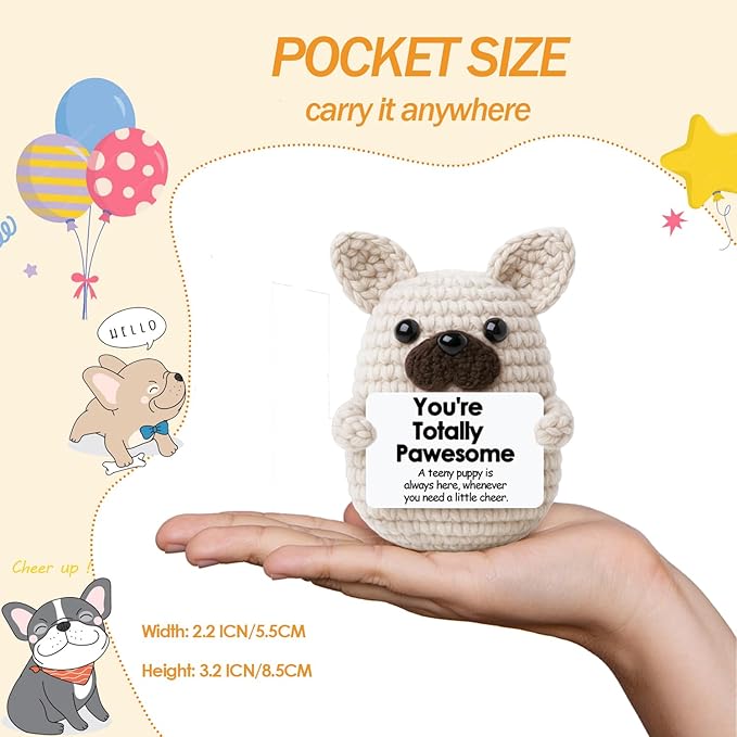 Positive Crochet Animal Dog Gifts for Women Men,Funny Emotional Support Crochet French Bulldog Cheer Up for Dog Lover Coworker Friend,Handmade Cute Frenchie Desk Decor with Gift Box