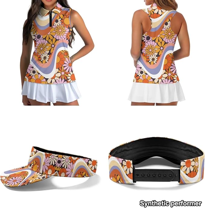 POLERO Golf Tank Top Women Golf Shirts and Visor Hat Collared Racerback Tennis Shirt Set Quarter Zip