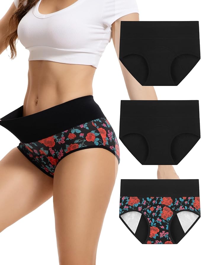 INNERSY Period Underwear for Women Leakproof High Waisted Menstrual Cotton Panties 3 Pack