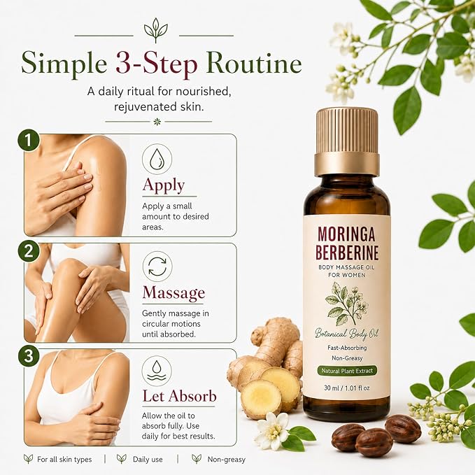 Moringa Berberine Essential Oil, Daily Support Essential Oil for Women, Body Massage Oil for Belly Waist Thighs Arms, 30 mL (1Pcs)